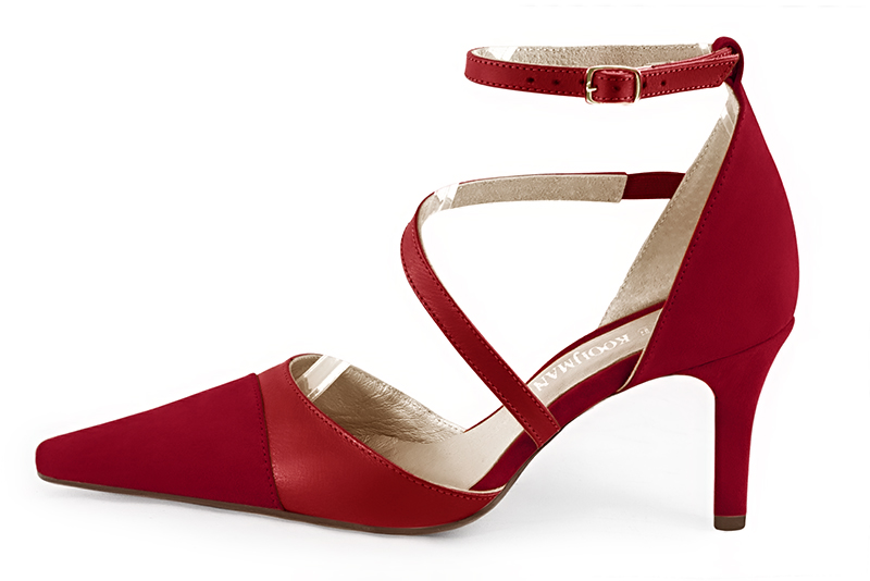 Cardinal red women's open side shoes, with snake-shaped straps. Tapered toe. High slim heel. Profile view - Florence KOOIJMAN